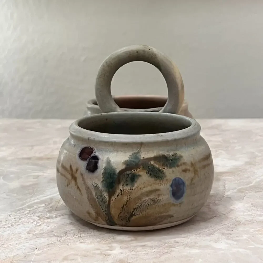 Studio Art Pottery Two Bowl Condiment Dish With Handle Stoneware Muted Colors